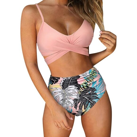 RUUHEE Women Criss Cross HighWaisted String Floral Printed 2PC Bathing Suit SZ L - Picture 1 of 9